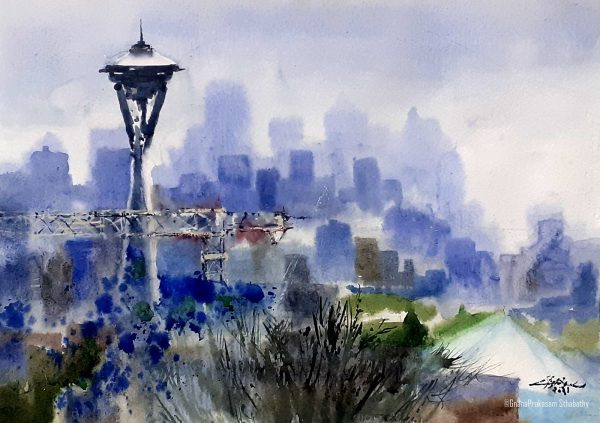 cityscape rooftop Watercolor